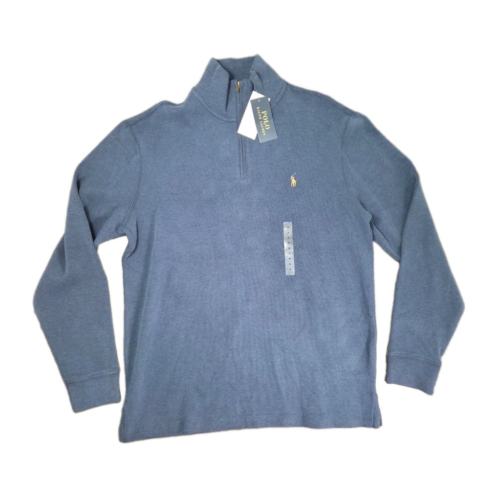 NWT Polo Ralph Lauren Estate Rib 1/4 Zip Sweater M Blue Knit Pullover Flesh Pony